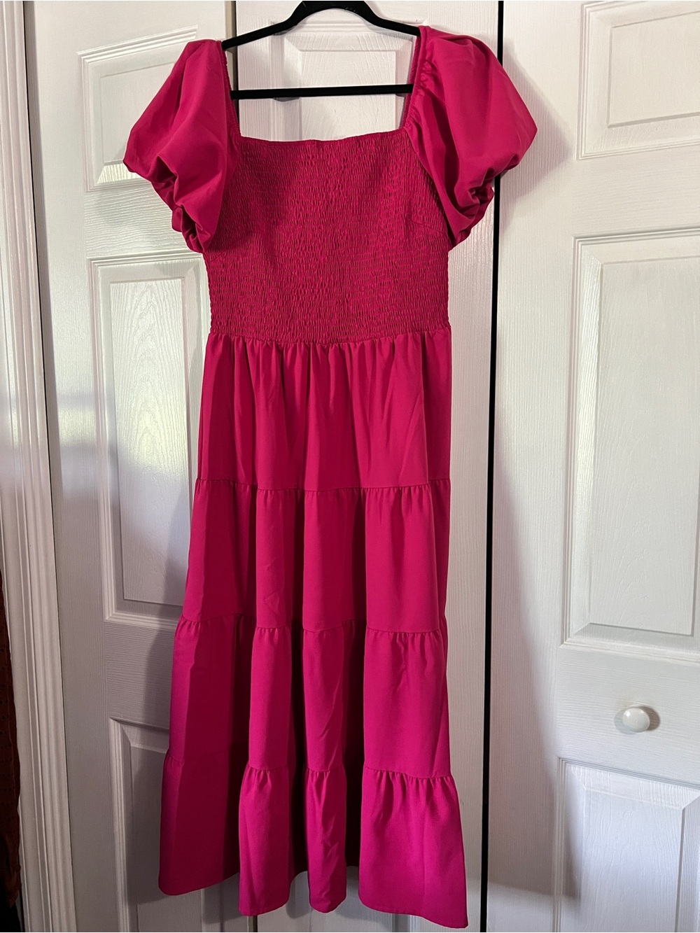 Puff-Sleeve Tiered Maxi Dress in Fuchsia